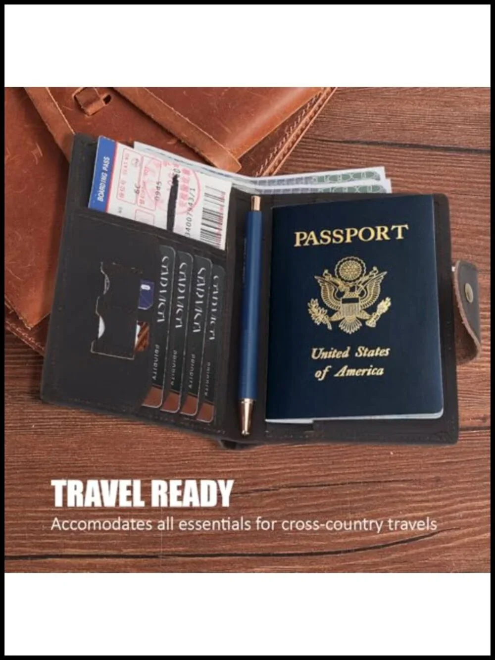 Full Grain Leather Passport Wallet RFID Blocking Bifold Travel Wallet with